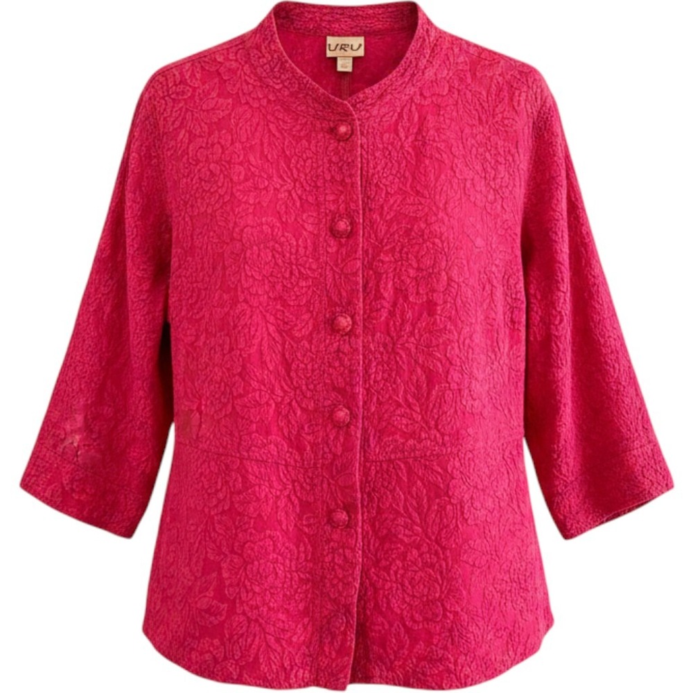 Uru Fuchsia Pink Floral Jacquard Silk Blouse Mandarin Collar 3/4 Sleeve Party